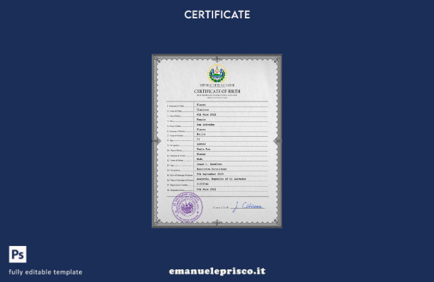modello PSD del certificato di nascita del certificato di stato civile di Salvad